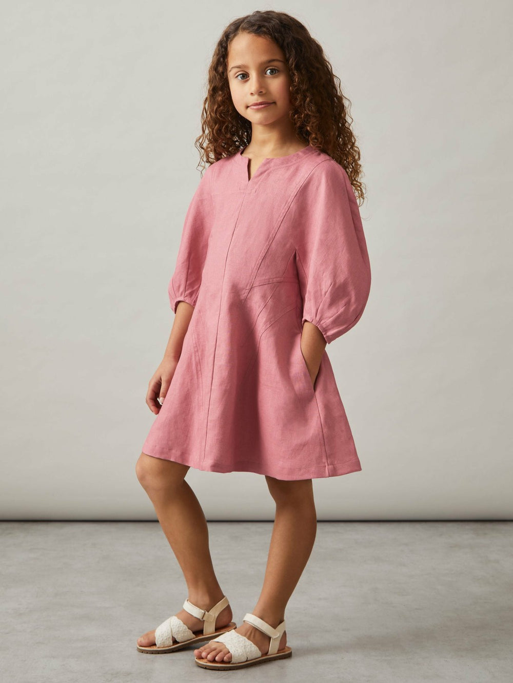 9-13 yrs Linen Balloon-Sleeve Dress Pink | Children