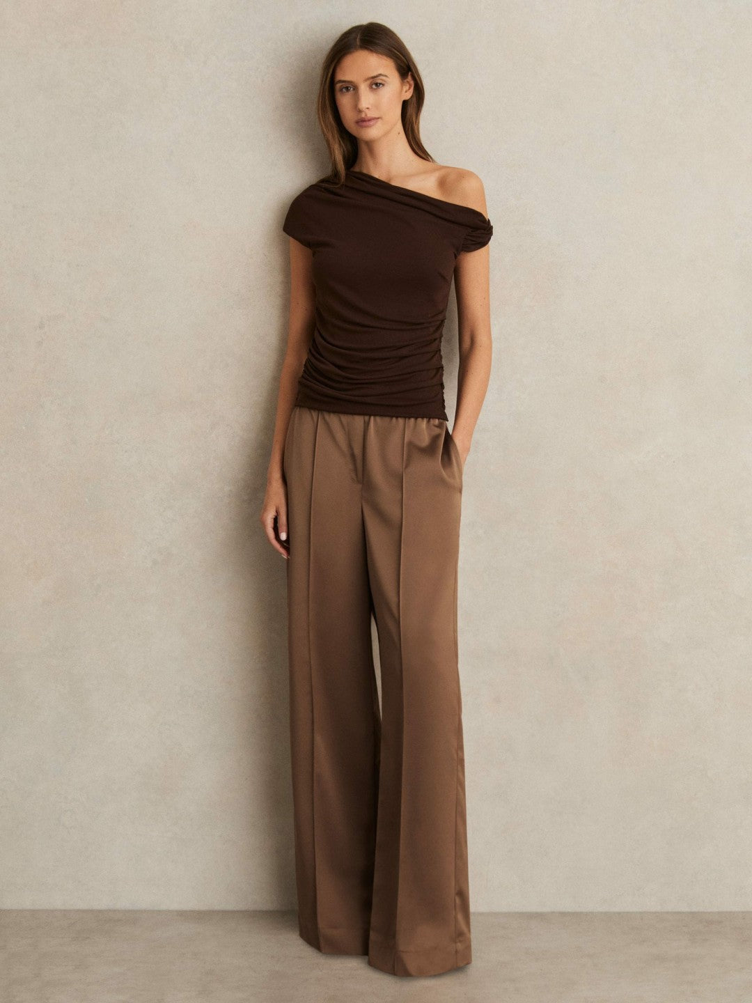 Satin Wide Leg Elastic Waist Trousers Taupe Neutral | Womens