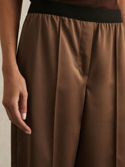 Satin Wide Leg Elastic Waist Trousers Taupe Neutral | Womens