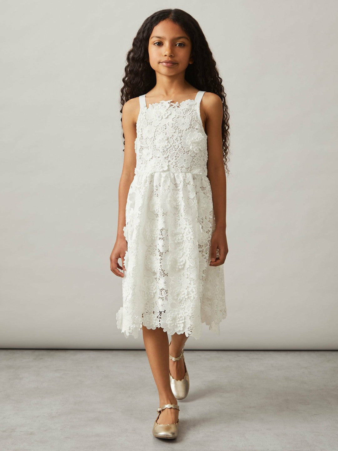 13-14 yrs Guipure-Lace Midi Dress Ivory | Children