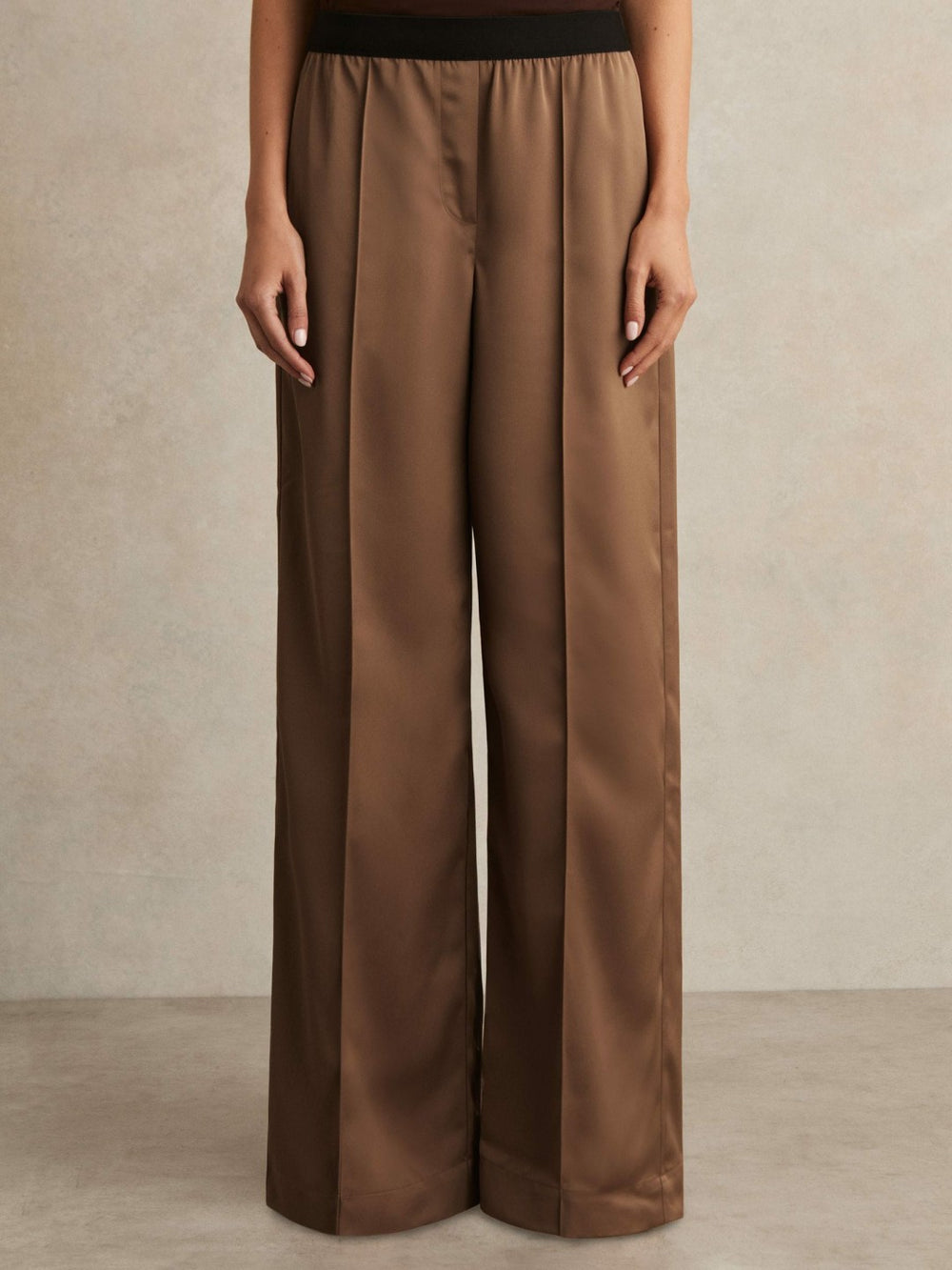 Petite Satin Wide Leg Elastic Waist Trousers Taupe Neutral | Womens