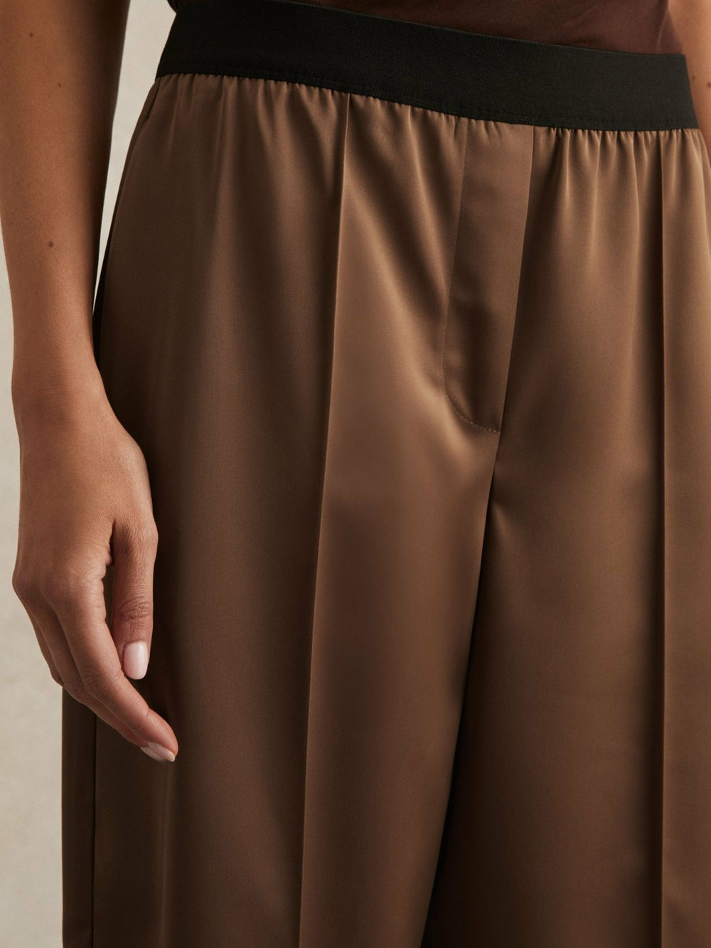 Petite Satin Wide Leg Elastic Waist Trousers Taupe Neutral | Womens