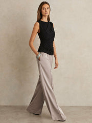 Petite Satin Wide Leg Elastic Waist Trousers Grey | Womens