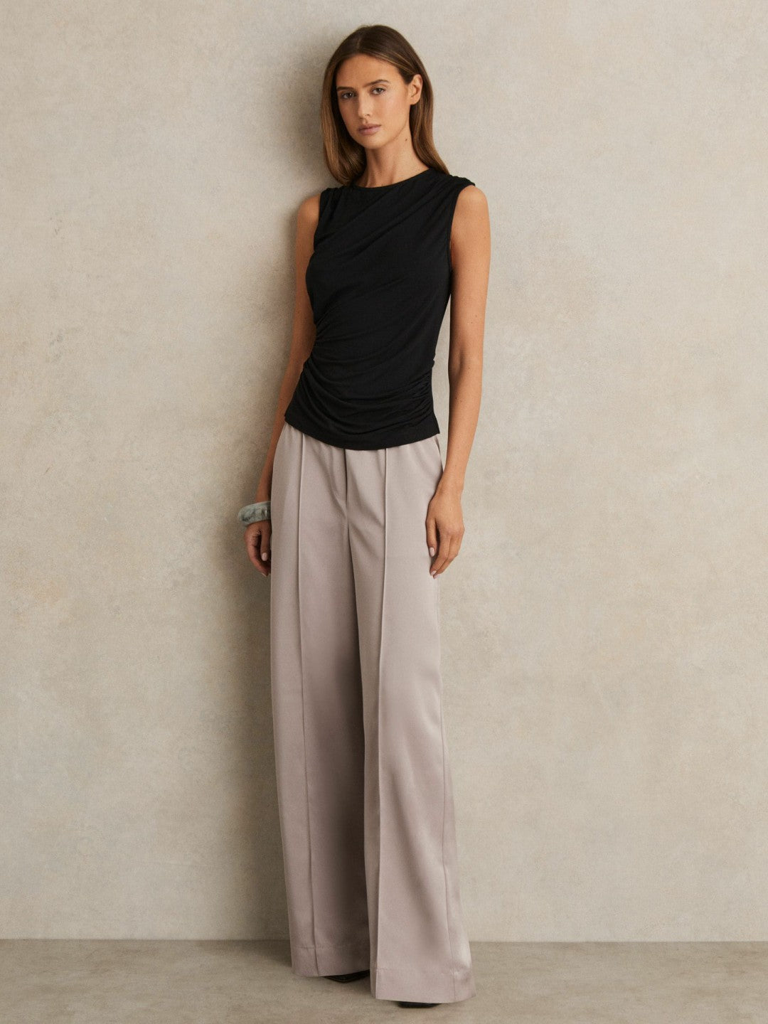 Satin Wide Leg Elastic Waist Trousers Grey | Womens