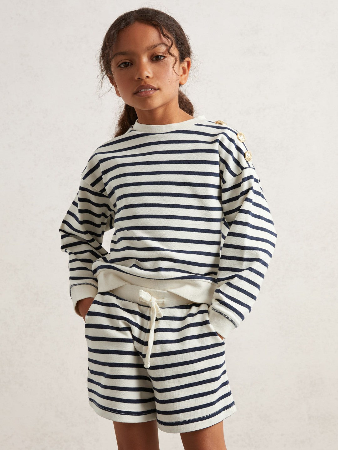 9-13 yrs Stripe Sweatshirt and Shorts Set Cotton-Blend Navy/Ivory | Children