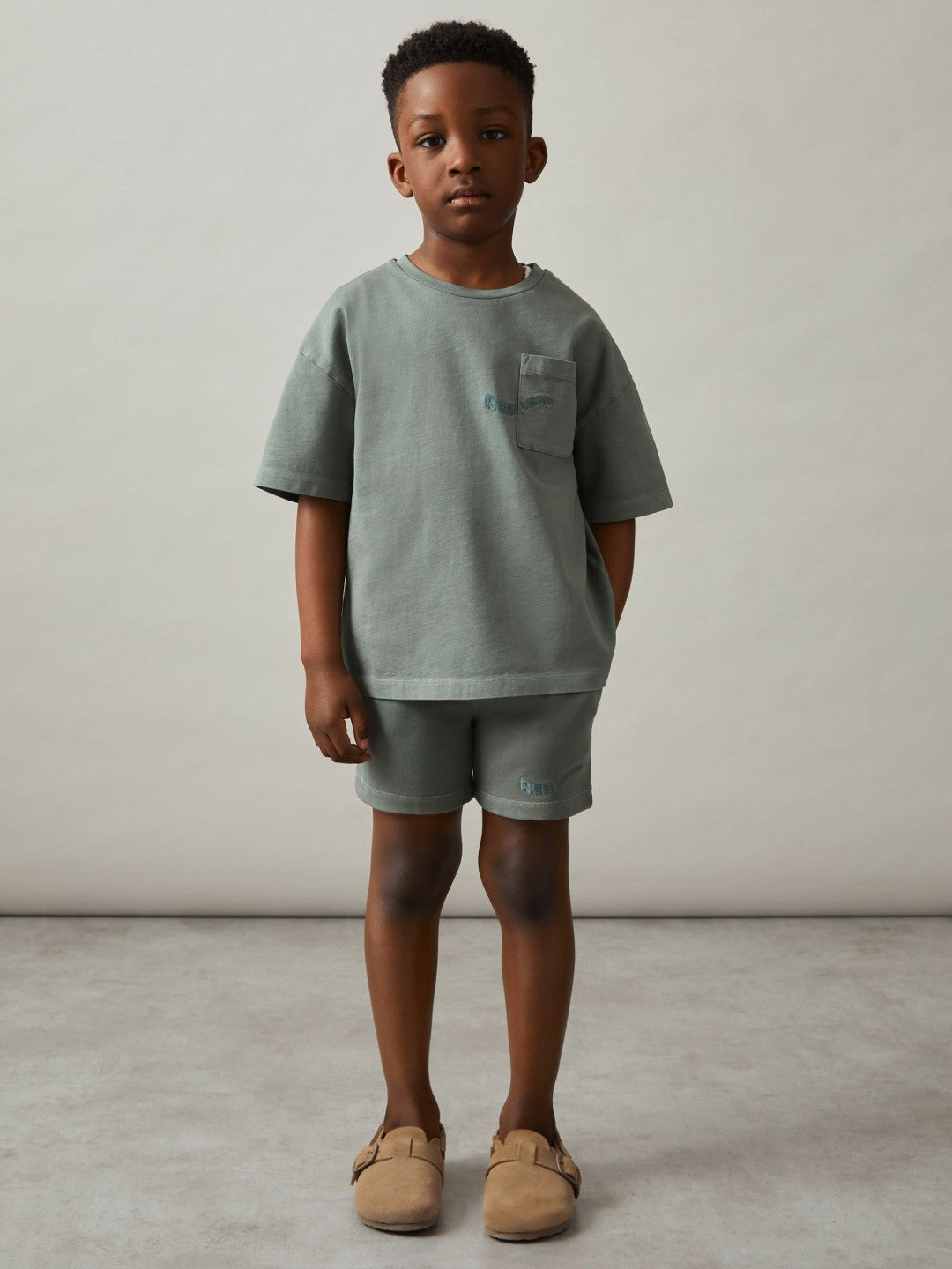 9-13 yrs Cotton Brand-Embroidered Shorts Washed Sage | Children