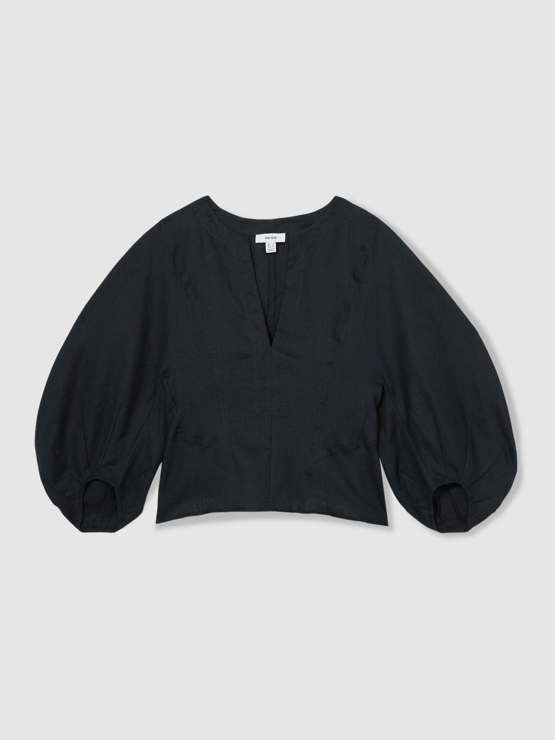 Linen Balloon-Sleeve Top Navy | Womens