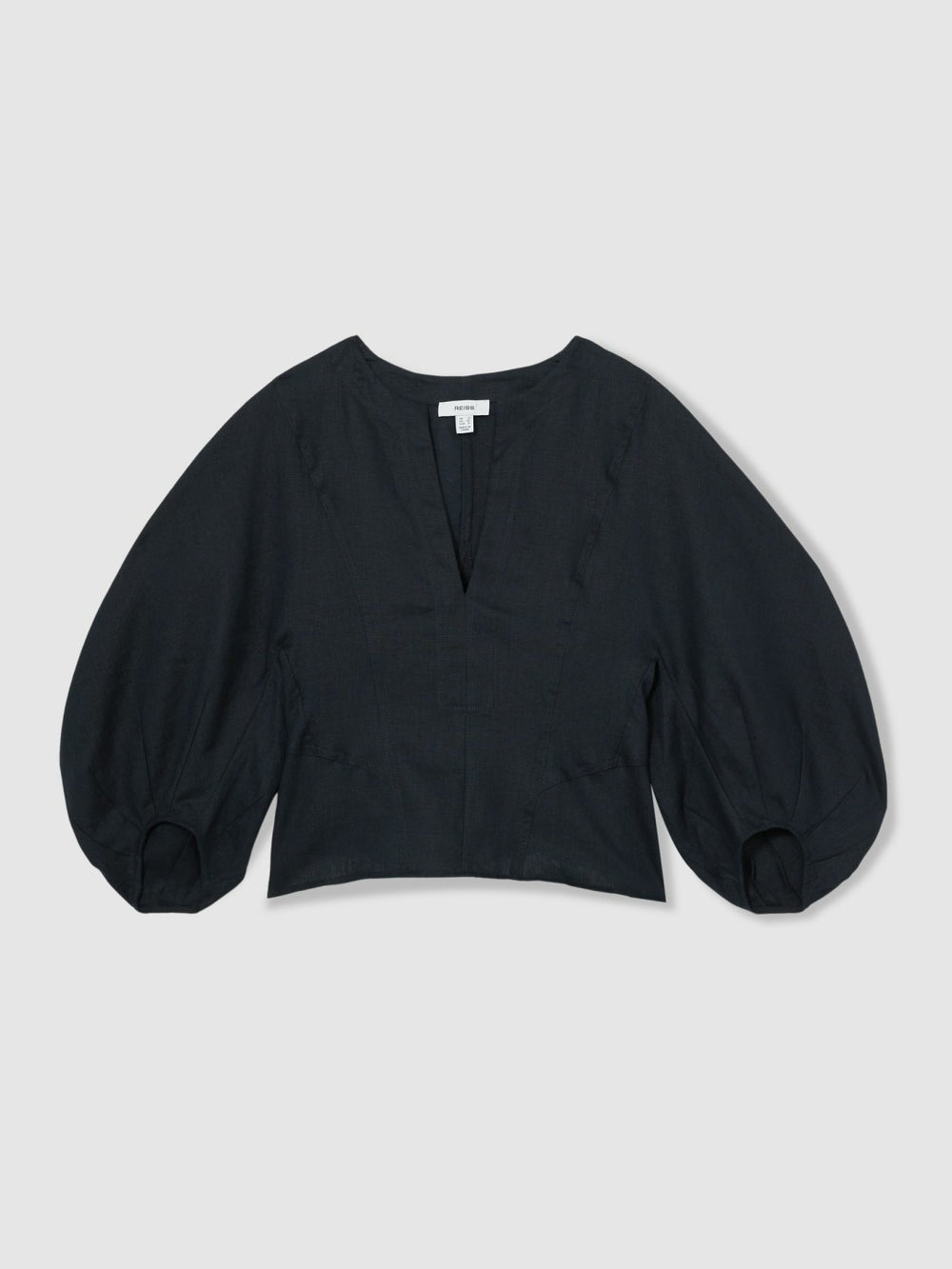 Linen Balloon-Sleeve Top Navy | Womens