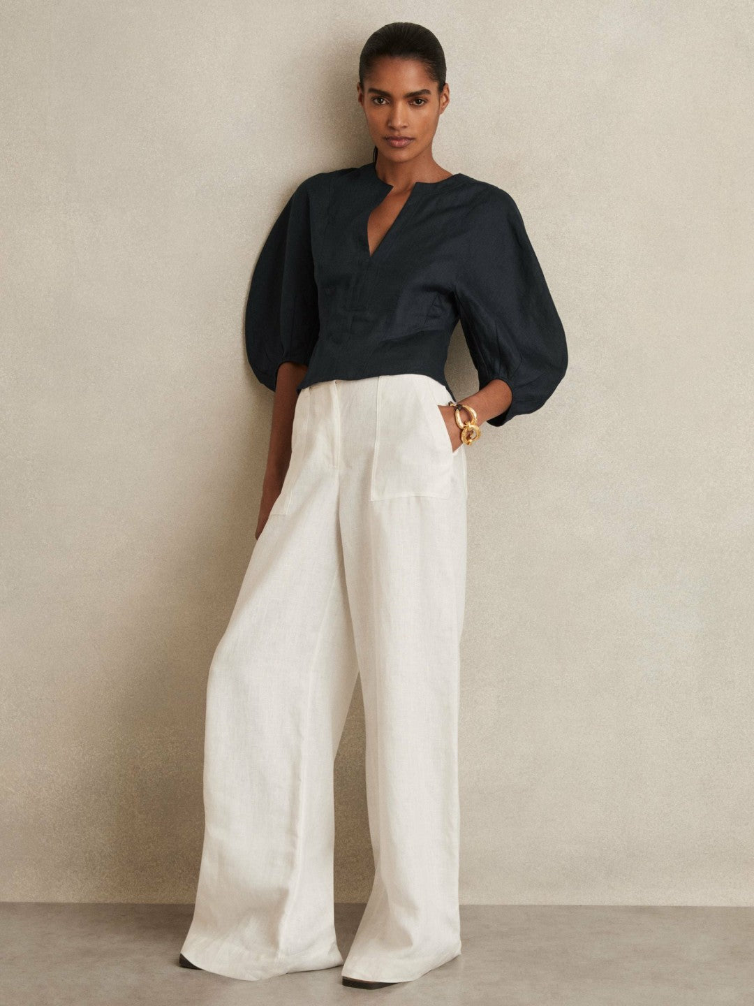 Linen Balloon-Sleeve Top Navy | Womens