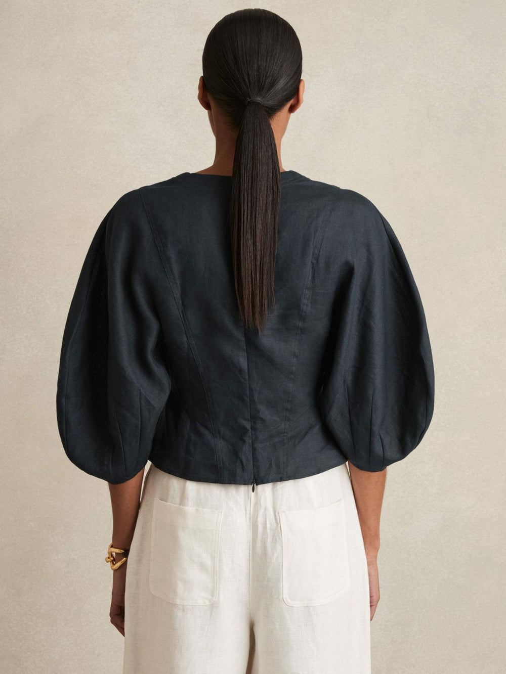 Linen Balloon-Sleeve Top Navy | Womens