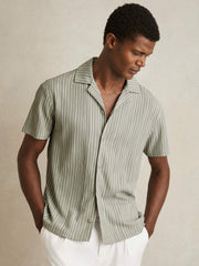 Textured Stripe Cuban Collar Shirt Sage/White | Mens
