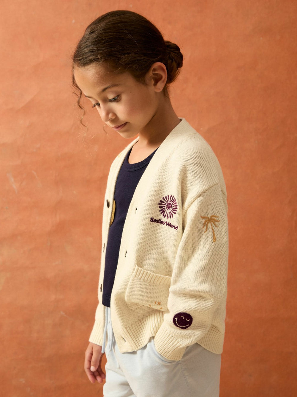 9-13 yrs SmileyWorld Embroidery Cardigan Unisex Fit Off White | Children