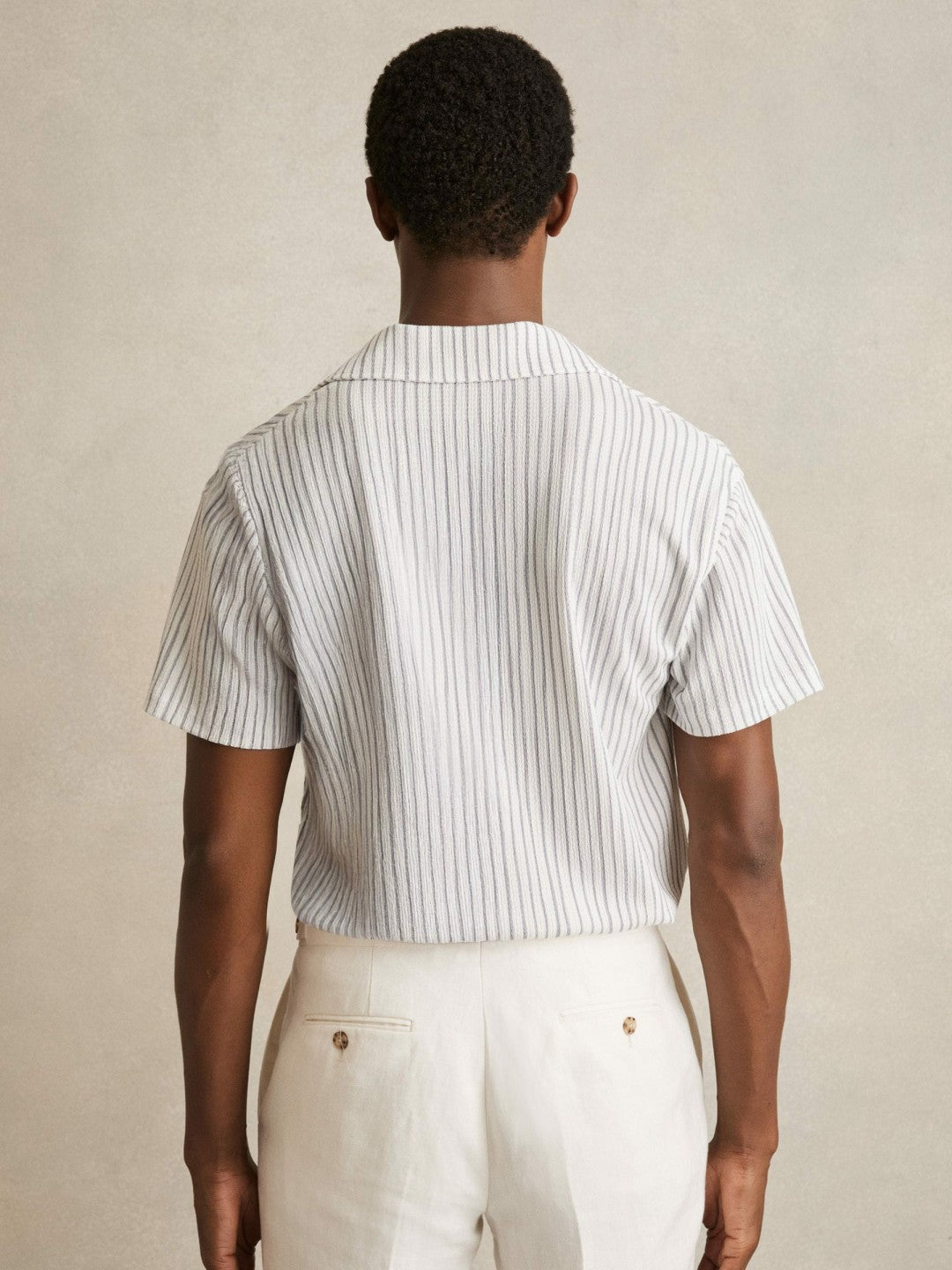 Textured Stripe Cuban Collar Shirt White/Soft Blue | Mens