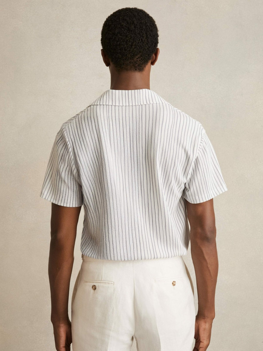 Textured Stripe Cuban Collar Shirt White/Soft Blue | Mens
