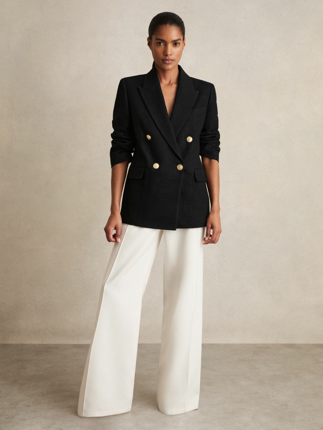 Oversized Double-Breasted Blazer Linen-Blend Black | Womens