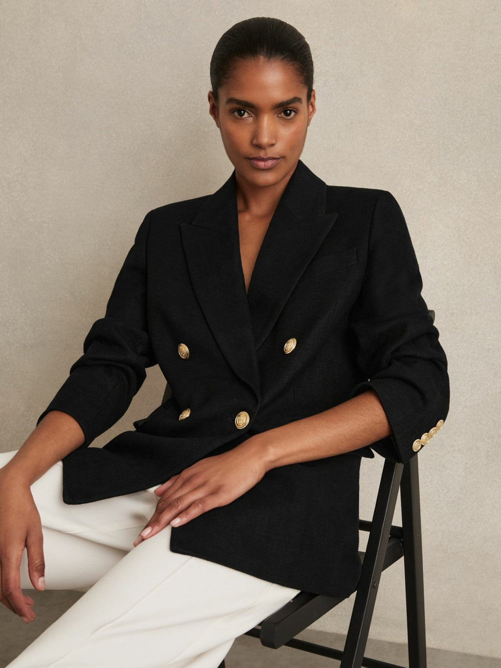 Oversized Double-Breasted Blazer Linen-Blend Black | Womens