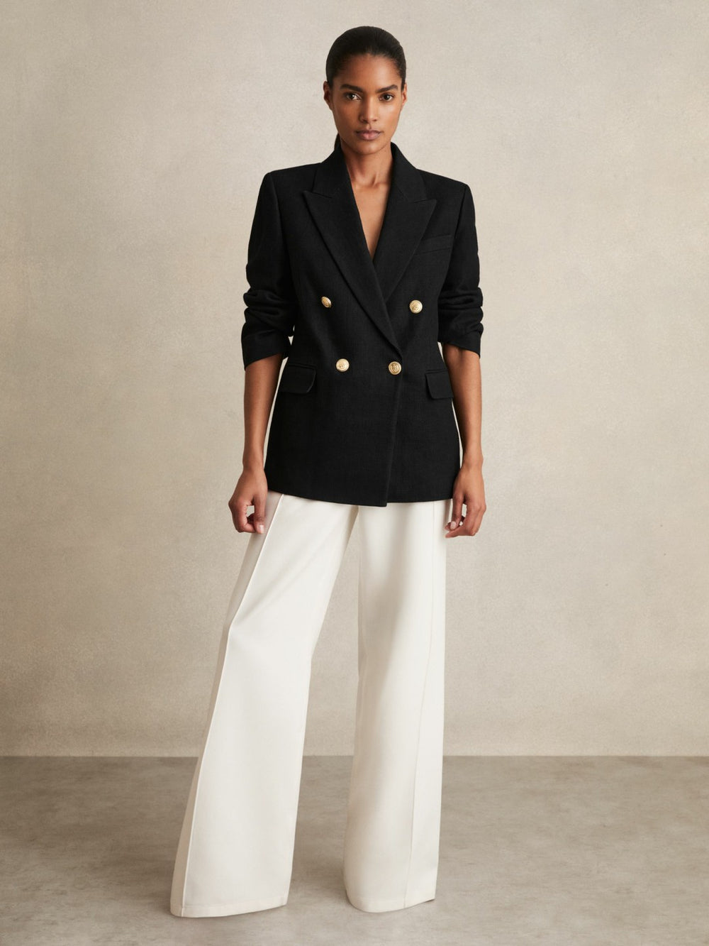 Petite Oversized Double-Breasted Blazer Linen-Blend Black | Womens