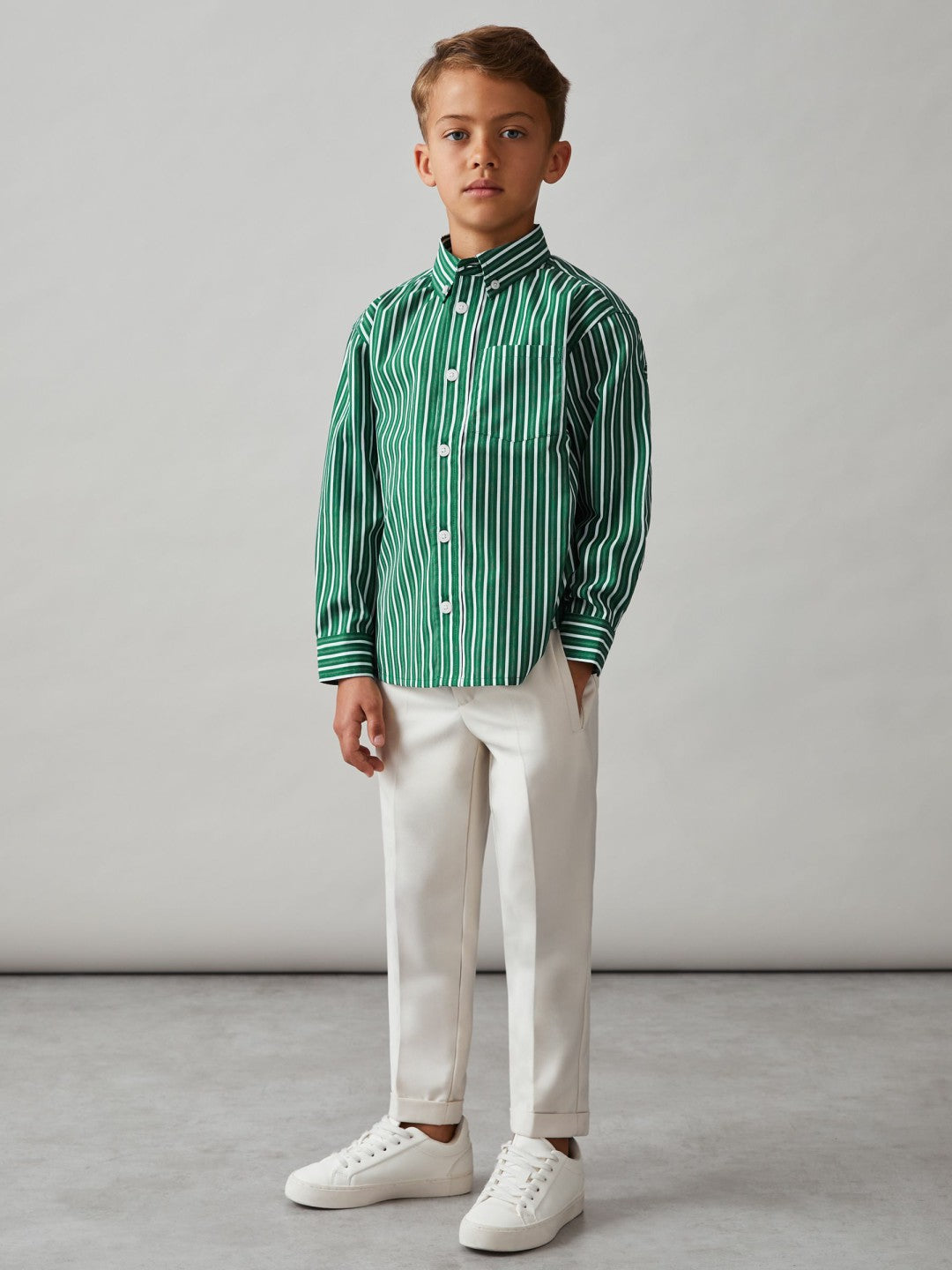 3-9 yrs Cotton-Poplin Striped Oversize Shirt Green/White | Children