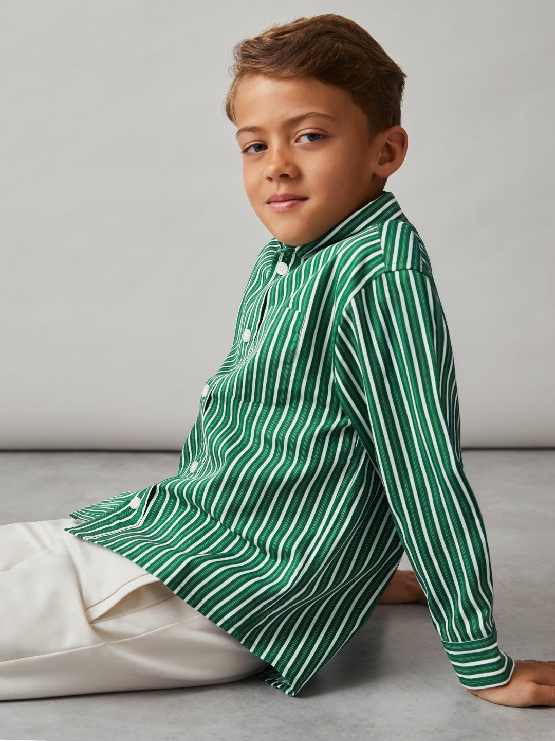 3-9 yrs Cotton-Poplin Striped Oversize Shirt Green/White | Children