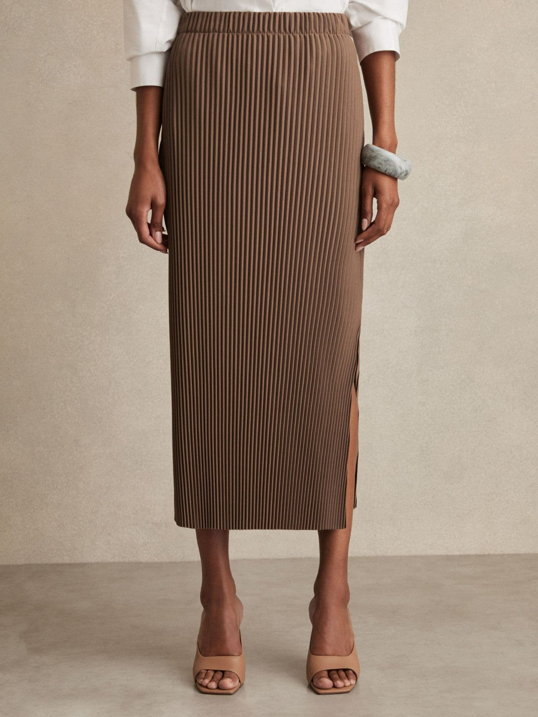 Pleated Jersey Midi Skirt Chocolate | Womens