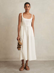 Perforated-Knit Cotton-Skirt Midi Dress Ivory | Womens