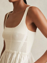 Perforated-Knit Cotton-Skirt Midi Dress Ivory | Womens
