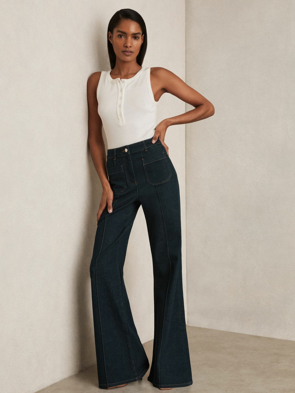 Petite Patch-Pocket Flared Jeans Dark Blue | Womens