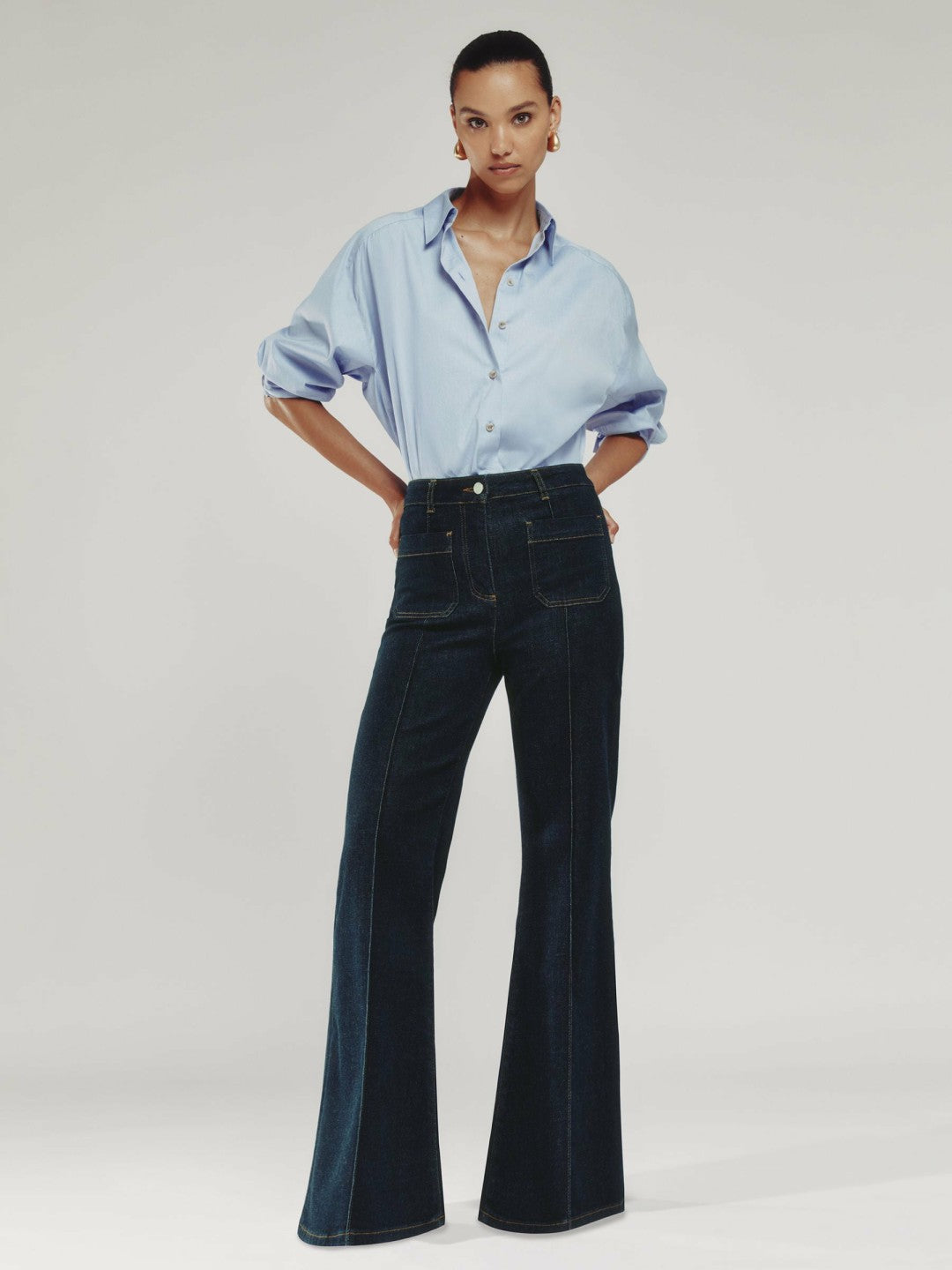 Petite Patch-Pocket Flared Jeans Dark Blue | Womens