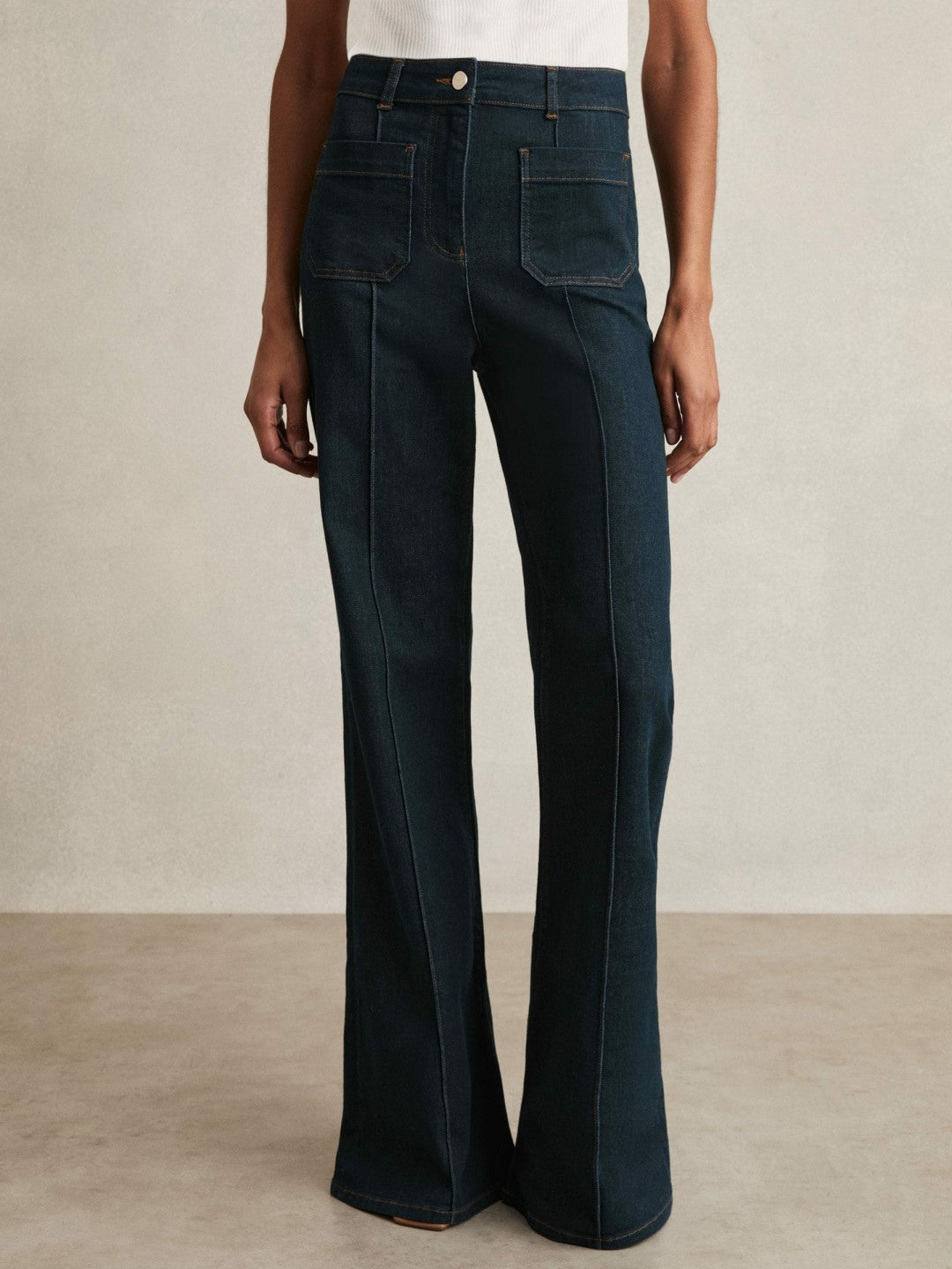 Petite Patch-Pocket Flared Jeans Dark Blue | Womens