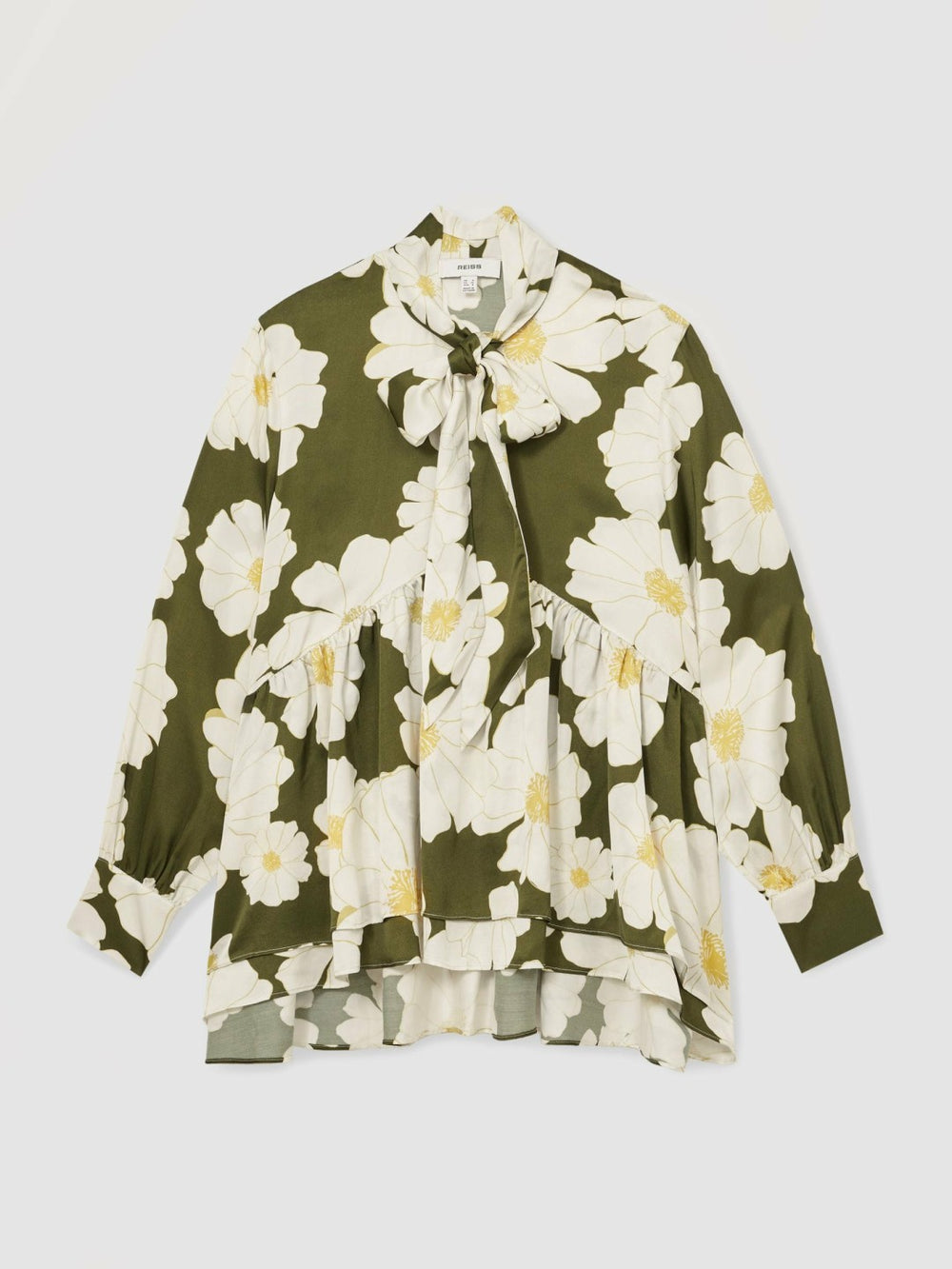 Floral Tie-Neck Swing Blouse Ivory/Green | Womens
