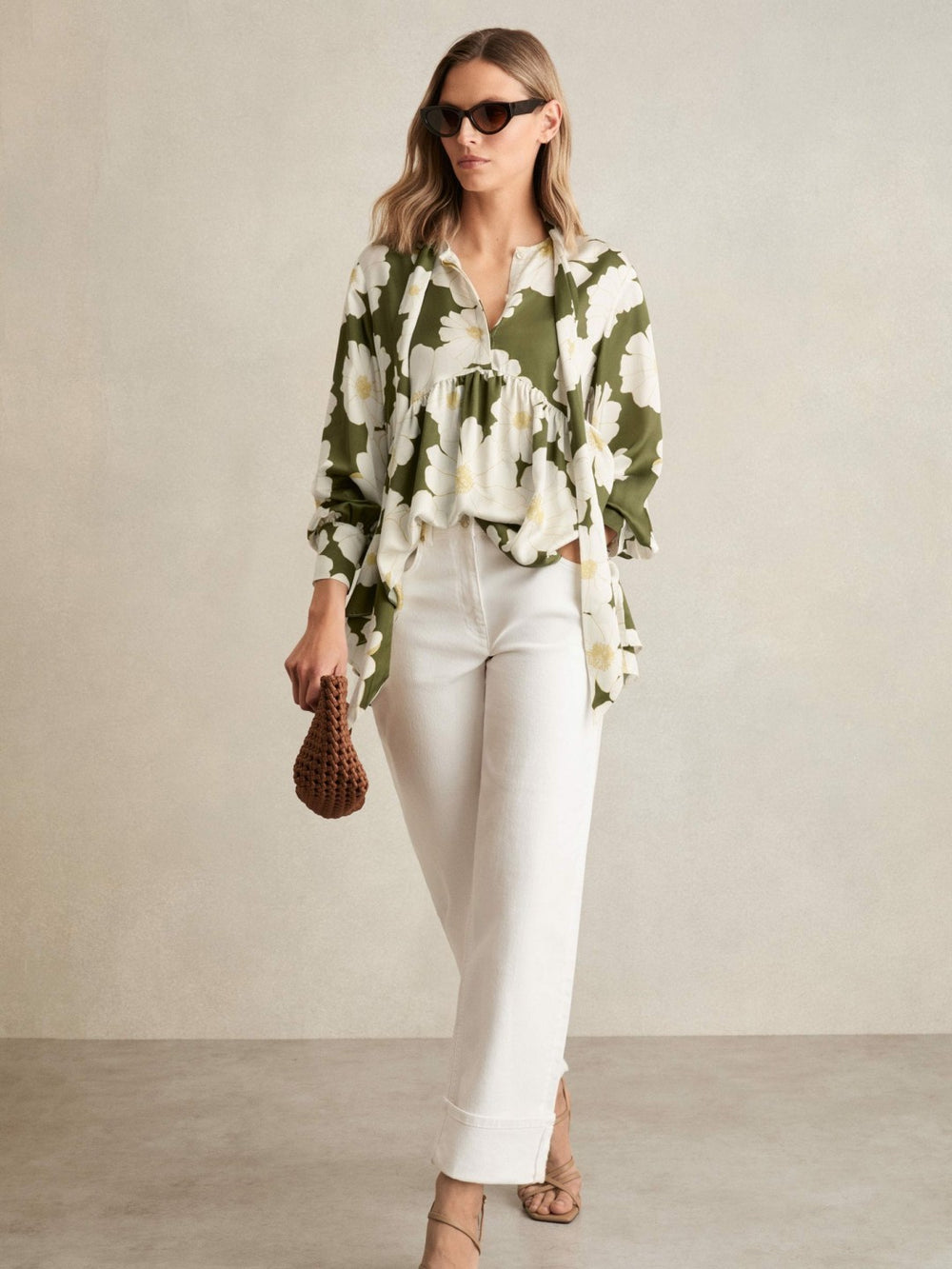 Floral Tie-Neck Swing Blouse Ivory/Green | Womens