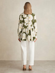 Floral Tie-Neck Swing Blouse Ivory/Green | Womens