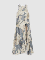 Satin Floral Drape Midi Dress Blue | Womens