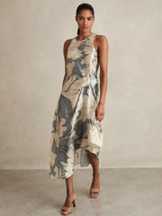 Satin Floral Drape Midi Dress Blue | Womens