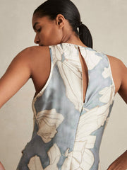 Satin Floral Drape Midi Dress Blue | Womens