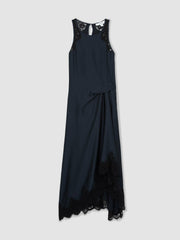 Petite Satin Drape Lace-Trim Dress Navy | Womens