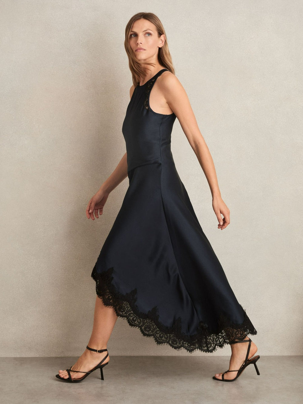 Petite Satin Drape Lace-Trim Dress Navy | Womens