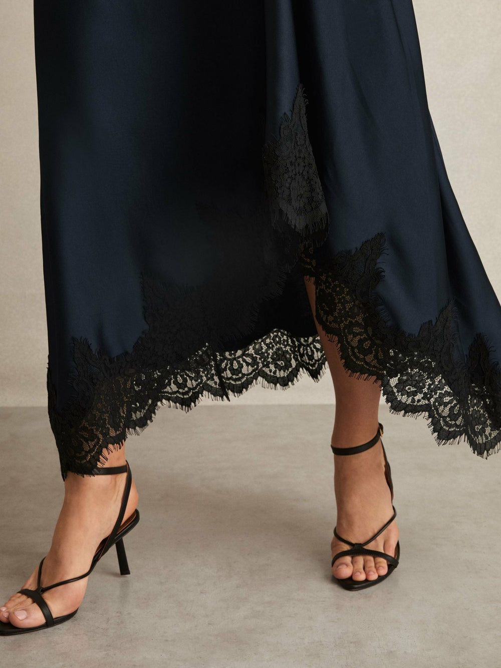 Petite Satin Drape Lace-Trim Dress Navy | Womens