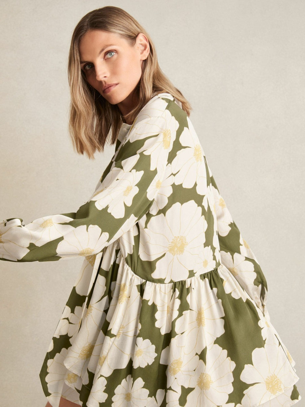 Floral Tie-Neck Swing Dress Ivory/Green | Womens