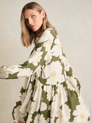 Floral Tie-Neck Swing Dress Ivory/Green | Womens
