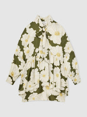 Floral Tie-Neck Swing Dress Ivory/Green | Womens