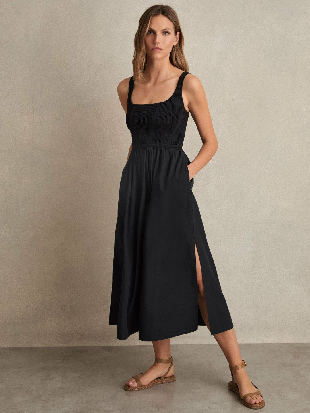 Perforated-Knit Cotton-Skirt Midi Dress Navy | Womens