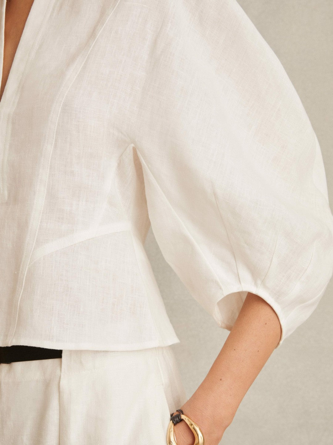 Linen Balloon-Sleeve Top Ivory | Womens