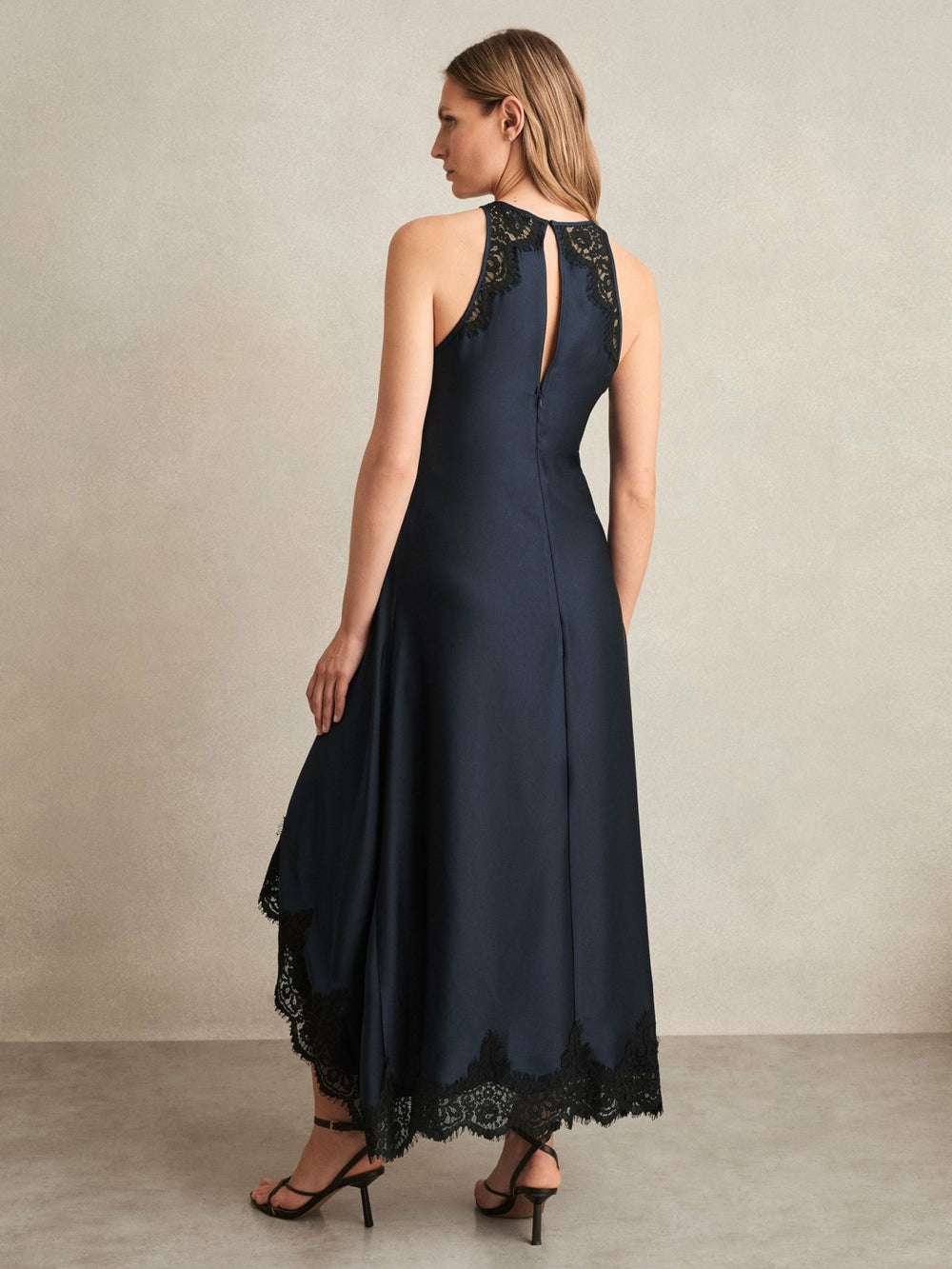 Satin Drape Lace-Trim Dress Navy | Womens