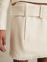 Bouclé Belted Mini Skirt With Wool and Cotton White | Womens