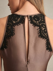 Petite Satin Drape Lace-Trim Dress Mocha Brown | Womens