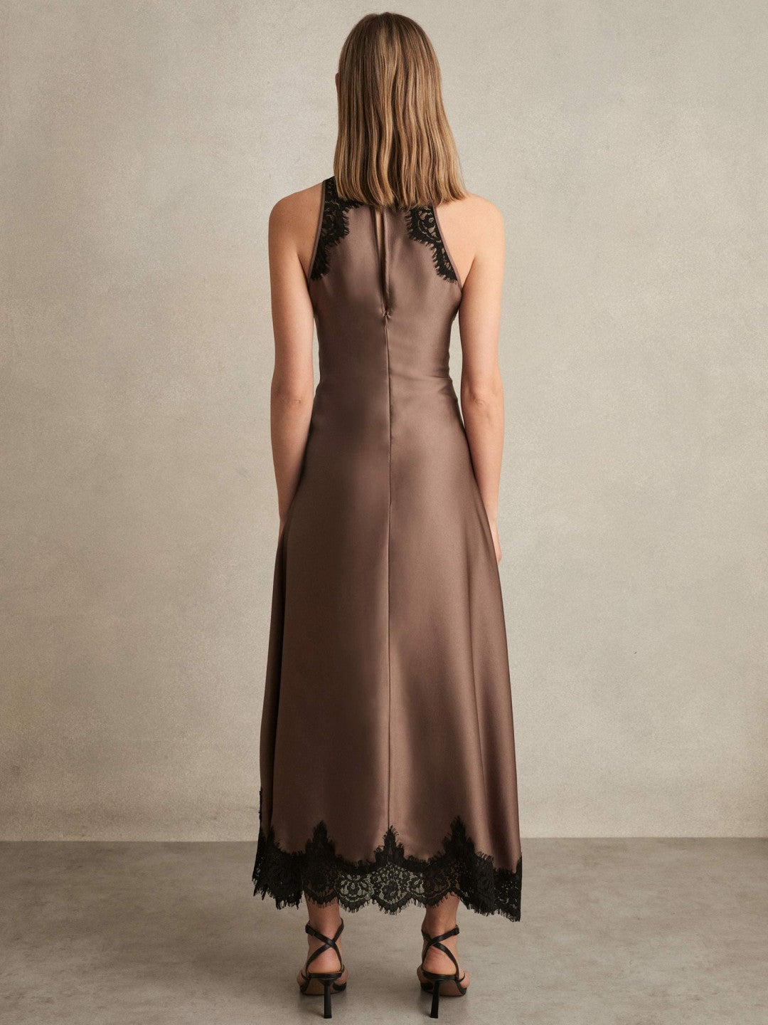 Petite Satin Drape Lace-Trim Dress Mocha Brown | Womens