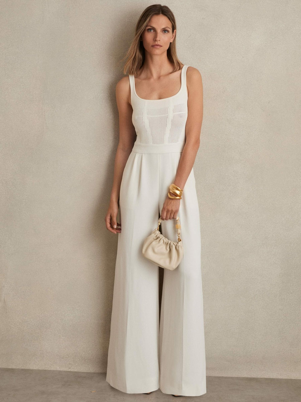 Perforated-Knit Wide-Leg Jumpsuit Ivory | Womens