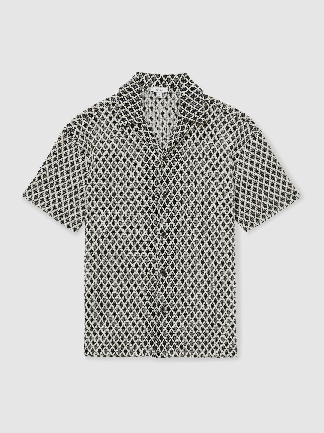 Geometric-Crochet Cuban-Collar Shirt Navy/White | Mens