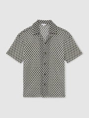 Geometric-Crochet Cuban-Collar Shirt Navy/White | Mens